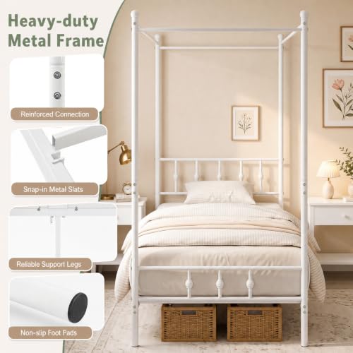 Twin Canopy Bed Frame with Headboard and Footboard (White)