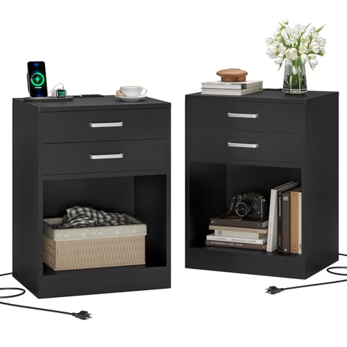 Black Nightstand Set of 2,Bedside Table with Drawers