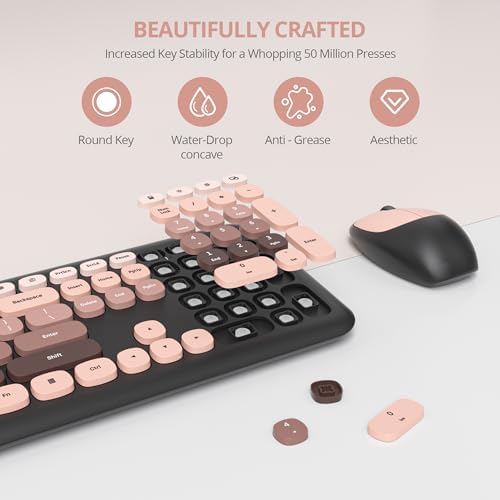 Surmen Cute Colorful Keyboard and Mouse Wireless Silent, Full-Size Retro Typewriter Wireless Quiet Black and Pink Keyboard Low-Noise 2.4GHz for Computer, Desktop, Laptop(6-Heimei)