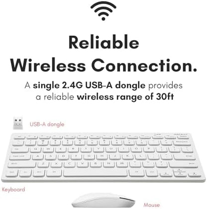 Macally White Wireless Keyboard and Mouse Combo - Quiet Productivity Duo - 2.4G Small Keyboard and Mouse Wireless - 78 Key Quiet Cordless Compact Mouse and Keyboard Combo with Mini Body