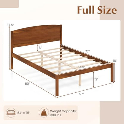 Full Size Wooden Bed Frame with Curved Headboard, Wood Slat Support