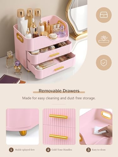 Booklov Large Makeup Organizer for Vanity, Bathroom Countertop, Pink