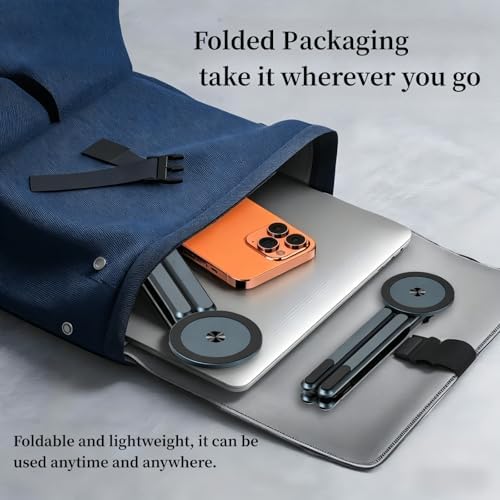 Magnetic Phone Holder & Foldable Laptop Riser, Matte Black Aluminum Multi‑Device Desk Mount, N52 MagSafe Stand, Ergonomic Laptop Elevator for MacBook iPad iPhone Travel Office