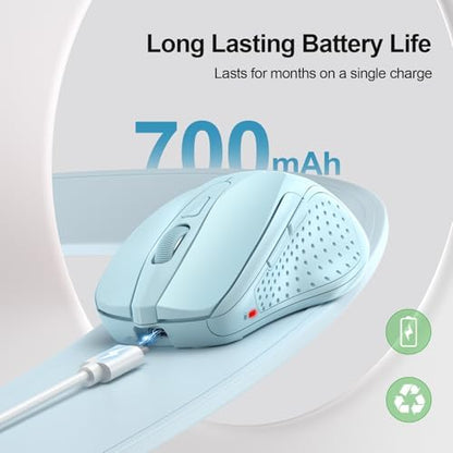 TECKNET Wireless Mouse, BT 5.0/2.4G, Rechargeable 6-DPI Silent, Lightblue