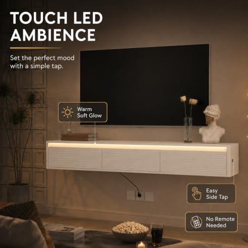 69" Fluted Floating TV Stand Wall Mounted with LED Power Outlets White