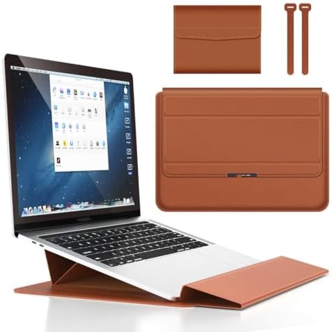 4 in 1 Ergonomic Workstation Set - Foldable Laptop Sleeve and Stand, Premium Leather Portable Computer Riser for 11-17 Inch Laptops, Waterproof Travel Organizer with Cooling Design (Brown,13-14")
