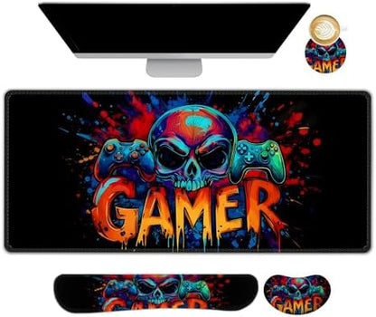 AIMSA Large Gaming Mouse Pad Set, Keyboard Wrist Rest Support + Extended Mouse Pad + Mouse Wrist Cushion + Coaster, Skull Gamer Ergonomic Memory Foam Multifunctional Desk Mat 35x15.7inch
