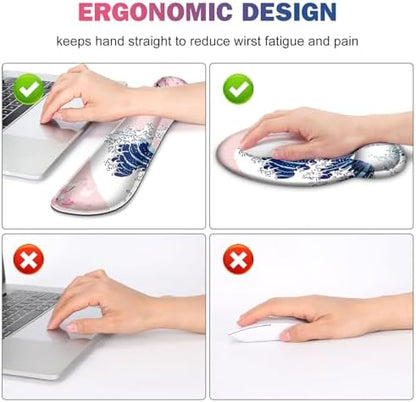 Gaming Mouse Pad, Large Desk Mat, Cute Desk Pad Protector, Pink Cherry Blossoms XXL Mousepad + Keyboard Wrist Rest+Mouse Wrist Rest+Coaster Set with Ergonomic Desk Pad, Japanese Wave of Kanagawa