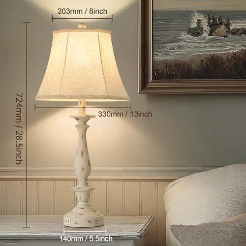 AIDENOEY 28.5" Traditional Table Lamp Set of 2, Rustic Farmhouse Table Lamps for Living Room Bedroom, Bedside Desk Lamps Vintage Nightstand Lamps with Silk Fabric Shades, Distressed White