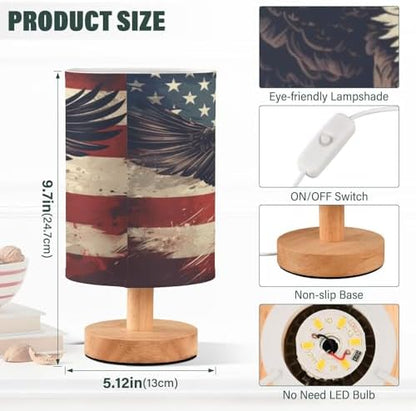 Bedside Lamp American Flag Eagle Table Lamp for Bedroom LED Nightstand Lamp Shade USB Ports Wood Base for Living Room Dorm Office