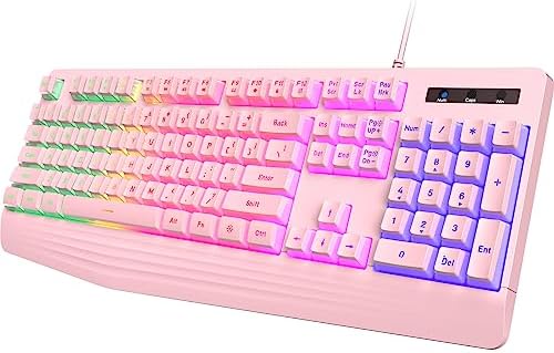 yesbeaut Pink Wired Keyboard, LED Backlit, 104 Keys Silent Light Up Gaming