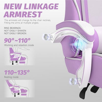 Ferghana Kawaii Light Purple Gaming Chair with Bunny Ears, Ergonomic Cute Gamer Chair with Footrest and Massage, Racing Reclining Leather Office Computer Game Chair for Girls Adults Teens Kids
