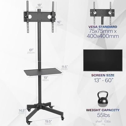VIVO Mobile TV Cart for 13 to 60 inch Screens up to 55 lbs, LCD LED OLED 4K Smart Flat and Curved Panels, Rolling Stand with Laptop DVD Shelf, Locking Wheels, Max VESA 400x400, Black, STAND-TV04M