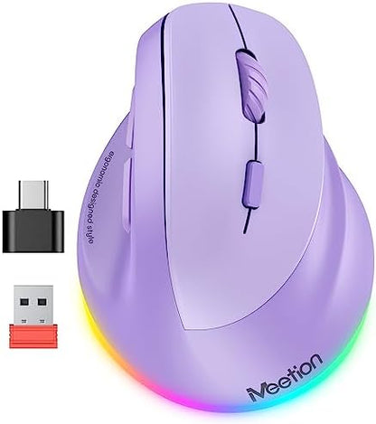 MEETION Ergonomic Wireless Mouse, Bluetooth Vertical Mouse with RGB, Purple