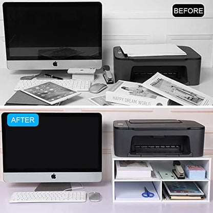 EMERIT Printer Stand for Desk - 2 Tier Desktop Printer Stand with Paper Storage, Printer Riser Organizer for Home Office, Holds up to 30 lbs, White
