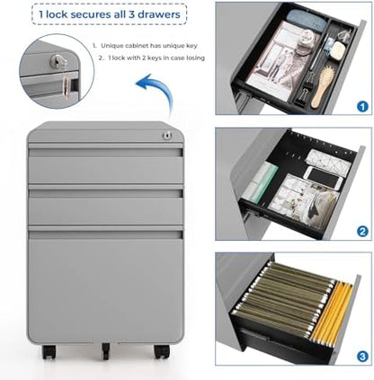 Dripex 3 Drawer Metal Rolling File Cabinet Under Desk Filing Cabinet Grey