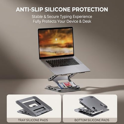 3-Tier Height-Adjustable Laptop Stand, All-Metal Dual-Bar Anti-Slip Heat-Dissipating Notebook Stand for MacBook Pro/Air (10-17"), Tablet, Gaming, Office, Home, Drawing - Gray