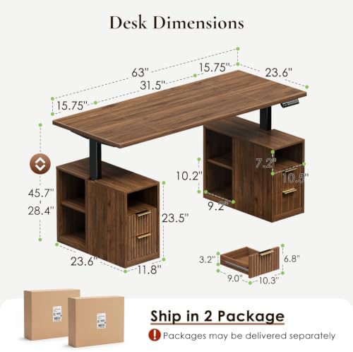 OffiGo Fluted 63 Inch Electric Standing Desk with 2 Storage Cabinet, Walnut