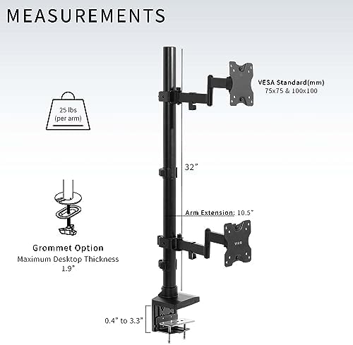 VIVO Dual Vertically Stacked Ultra-Wide Monitor Desk Mount with Extension Arms, Extra Tall Heavy Duty Adjustable Stand for 2 Ultrawide Screens up to 43 inches, 50 lbs Capacity, Black, STAND-V202T