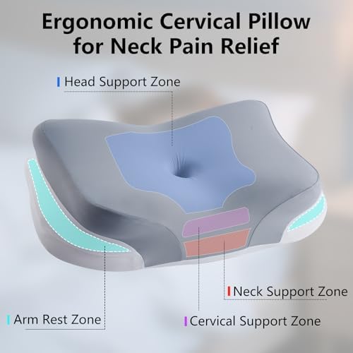Cervical Neck Pillow for Pain Relief Memory Foam Pillow with Cooling Removable Cover Side/Back/Stomach Sleeper Pillow for Adults Ergonomic Horn Design Support Neck & Shoulder 23.6in*14.5in*4.7/5.1in