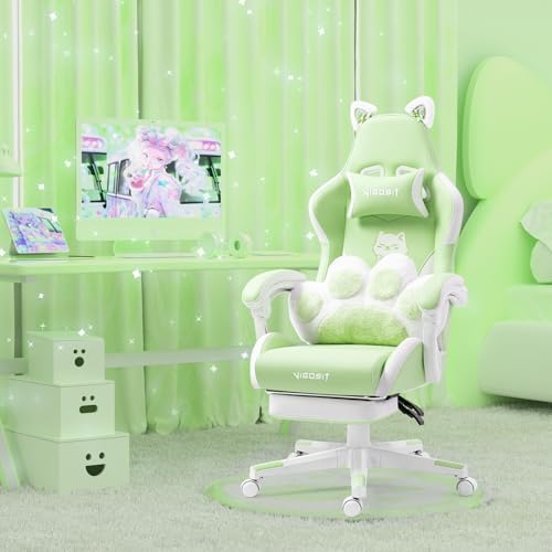 Gaming Chair, Cute Cat Gaming Chairs with Paw Lumbar Cushion for Girls, Video Gamer Chair with Footrest for Girl Teen Woman (Green-A)