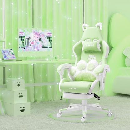 Gaming Chair, Cute Cat Gaming Chairs with Paw Lumbar Cushion for Girls, Video Gamer Chair with Footrest for Girl Teen Woman (Green-A)