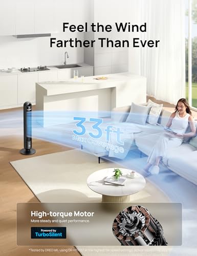 DREO Tower Fan for Bedroom, 26ft/s Velocity, 90° Oscillating, 8H Timer