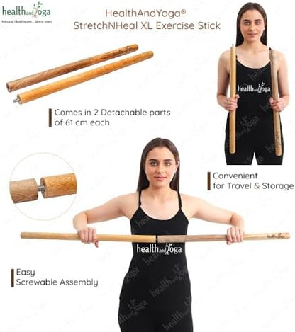 HealthAndYoga™ StretchNHeal Collapsible Multi-Use Wooden Yoga Stick - Regular and XL - Portable Posture Corrector Pole, Stretch Mobility Stick, Physical Workout Exercise Dowel