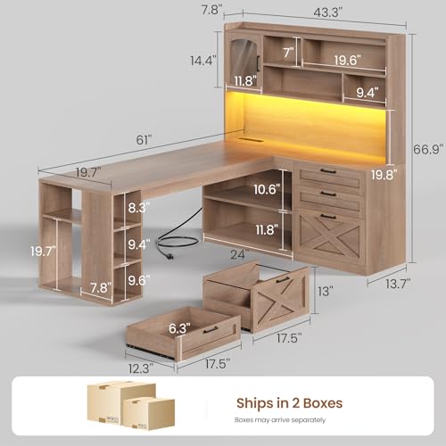 61" L Shaped Office Desk with Drawers and Storage, Light Brown