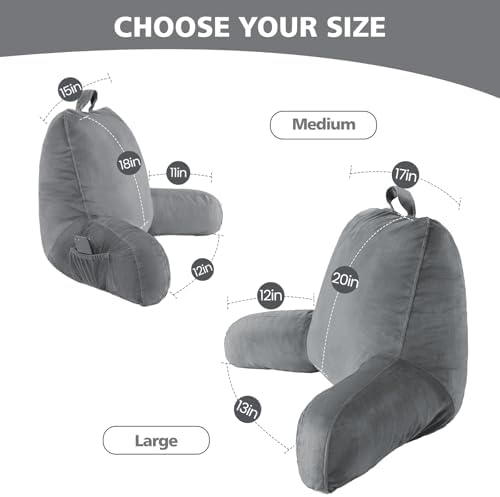 Reading Pillow with Adjustable Memory Foam,Adult Backrest with Arms, Back Pillow for Sitting in Bed with Washable Cover- Large, Gray
