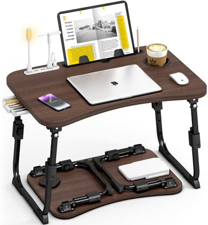 Lap Desk for Bed Adjustable Height, Foldable Bed Table with Storage Drawer, Tablet Slot & Cup Holder, Portable Laptop Stand for Bed & Sofa, Bed Desk for Adults & Kids, Walnut