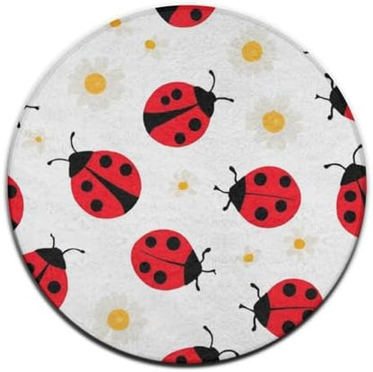 Large Home Decor Mat, Soft Round Yoga Carpet, Non Slip Machine Washable Home Office Circle Rug Red Cartoon Ladybug Pattern
