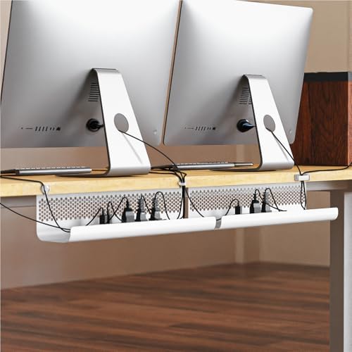 KHAMAL Cable Management Under Desk 52PCS - Cable Management Tray Kit Ventilated Hexagonal Design with Cable Clips, Wire Ties, Cord Holder & Screws for Office, Home - 4 White Sets