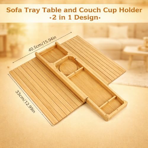 Bamboo Sofa Armrest Tray with Detachable Cup Holder, Couch Arm Tray Table with Phone Holder, TV Remote Organizer, Foldable Anti-Slip Sofa Armrest Caddy for Drinks, Snacks & Living Room