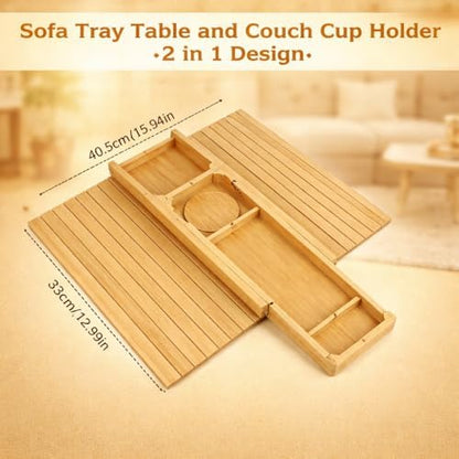 Bamboo Sofa Armrest Tray with Detachable Cup Holder, Couch Arm Tray Table with Phone Holder, TV Remote Organizer, Foldable Anti-Slip Sofa Armrest Caddy for Drinks, Snacks & Living Room