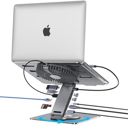 Laptop Docking Station Stand with Fan Aluminum Laptop Riser with USB-C Hub 11-IN-1 4K60Hz HDMI 100W PD Charging USB3.0 Ethernet Audio TF/SD, 360° Swivel, for MacBook Pro/Air, iPad Pro & Type-C Laptops