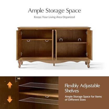 Transitional Solid Wood Sideboard with Adjustable Shelves, 58" Spacious Storage Sideboard, Versatile Kitchen Buffet Cabinet with Solid Wood Legs, Acorn