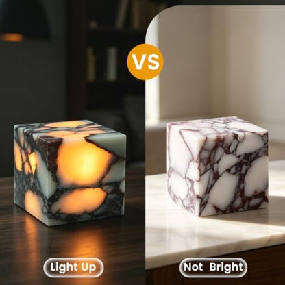Natural Marble Lamp Cordless Pat Control Night Light Rechargeable Small Marble Table Lamp, Dimming Warm Glow Portable Stone Touch Lamp for Bedroom, Living Room, Decor Gift (Cube-Calacatta Purple)
