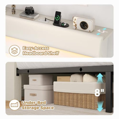Beige Queen Size Bed Frame with 2 Storage Drawers&Headboard Shelf