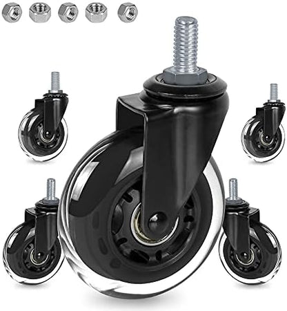 3" Thread Screw in Office Chair Caster Wheels, 3/8"-16x1(Not Metric M10), Safe for All Floors, PU Rubber Furniture,Carts Stem Caster Wheels,No Scratch,650Lbs Weight Capacity
