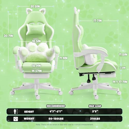 Gaming Chair, Cute Cat Gaming Chairs with Paw Lumbar Cushion for Girls, Video Gamer Chair with Footrest for Girl Teen Woman (Green-A)
