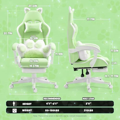 Gaming Chair, Cute Cat Gaming Chairs with Paw Lumbar Cushion for Girls, Video Gamer Chair with Footrest for Girl Teen Woman (Green-A)
