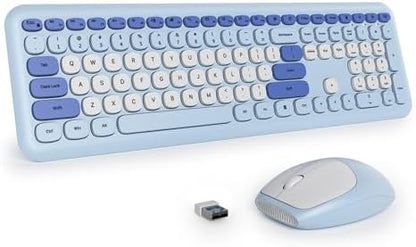 surmen Blue Keyboard and Mouse Wireless, Cute Wireless Typewriter, Full Size Slim Silent Keyboard Round Keys Aesthetic for Home and Office(Colorful Blue)