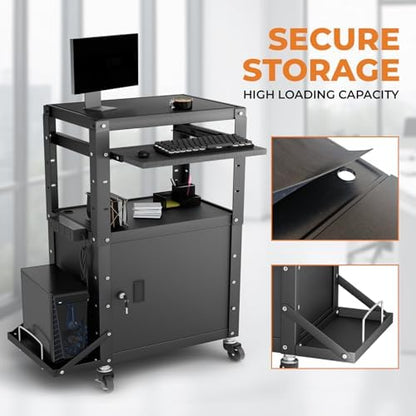 Mobile AV Cart with Side Shelves, Rolling Computer Cart Height Adjustable Rolling Media Utility Cart with Pullout Keyboard Tray Extra Storage Space, 4 Outlets, Perfect for Home or Office Use
