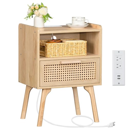 Rattan Nightstand with Charging Station, Boho Side Table with Drawer Open Shelf, Cane Accent Bedside End Table for Bedroom, Dorm and Small Spaces