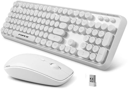 FOPETT Wireless Keyboard and Mouse Combo - 2.4G Full-Sized White Keyboard with Round Keycaps 104 Keys Typewriter Keyboard for Laptop/Windows/PC - White