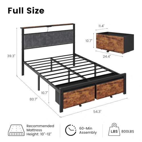 Full Size Bed Frame with Upholstered Headboard and 2 Storage Drawers