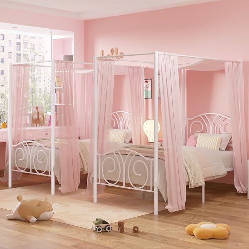 Twin Canopy Bed Frame, Vintage Scrollwork Headboard, Pure White