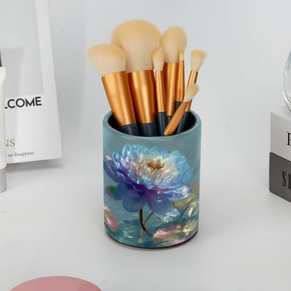 Leather Pen Holder for Desk, Water Lily Pencil Cup Pen Organizer Makeup Brush Holder for Office Home Kids Countertop Desk Accessory Storage