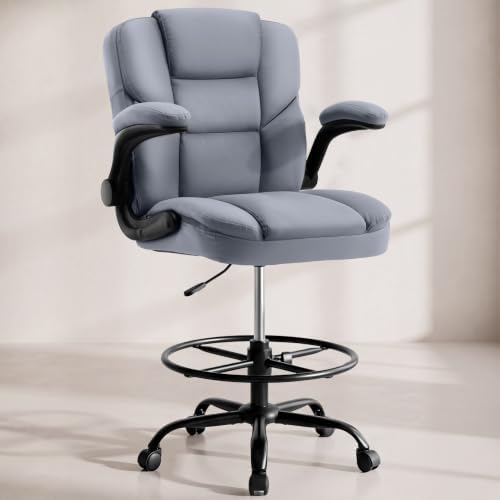 Drafting Chair 500Lbs, Tall Office Chair for Standing Desk, High PU Leather Executive Office Chair with Flip-up Armrests, Ergonomic High Chair with Adjustable Foot Ring, Comfy Stool Chairs, Grey